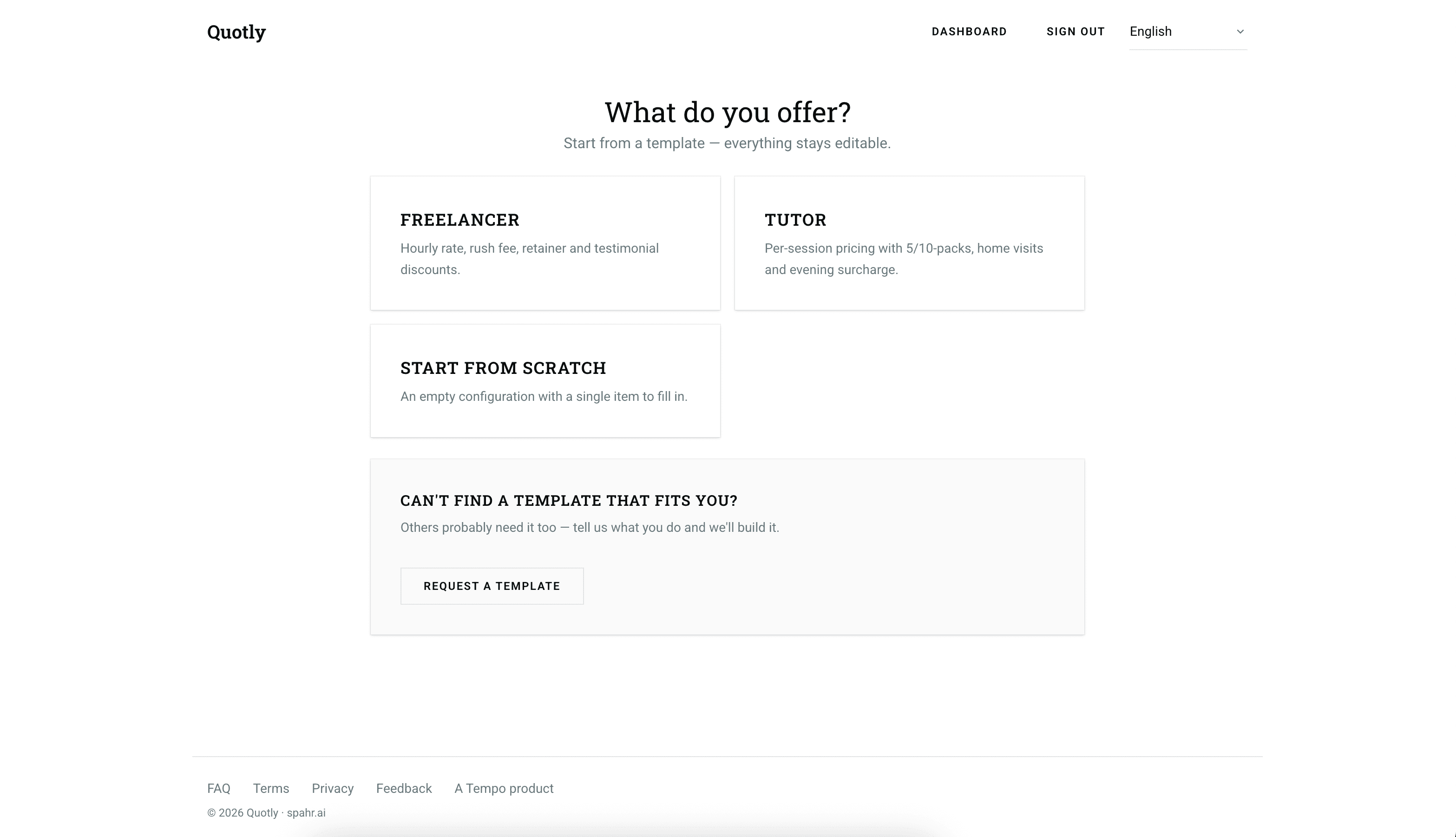 Quotly — template picker for freelancer, tutor, or a blank configuration
