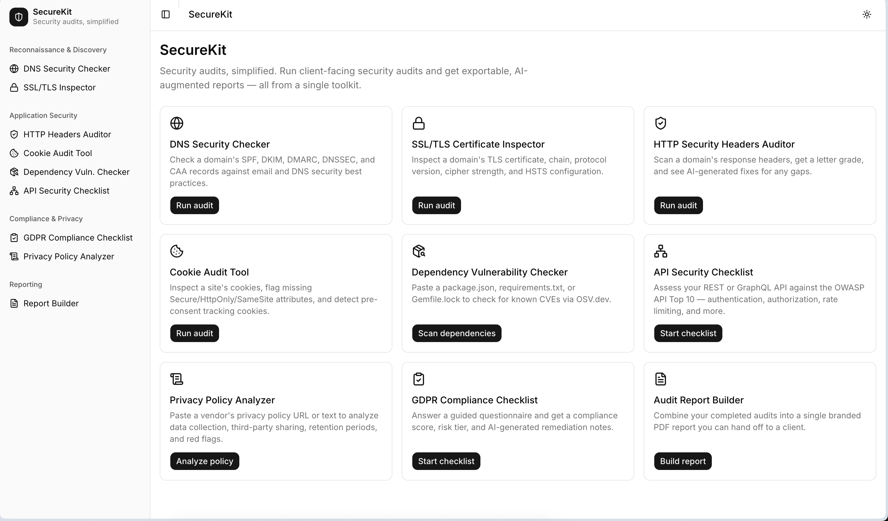 SecureKit — toolkit overview with all audits
